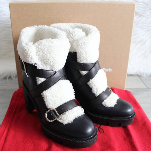 Christian Louboutin Black Cream Pole Chic 70mm Shearling Heeled Ankle Boot - Picture 3 of 12